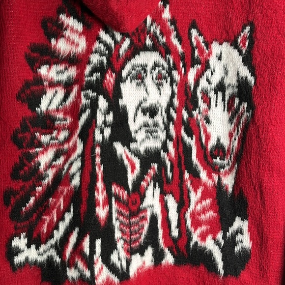 Ruminahui Wool Jacket Sweater Red/Black Native American Wolf - Picture 2 of 8